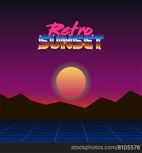 Landscape under evening sun and text retro sunset Vector Image