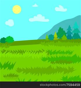 Landscape vector, nature with forest and trees. Sunshine on clear sky, mountains and clouds, green lawn greenery of summer. Vacation calm holidays. Mountains Pine and Spruce Forest, Nature Landscape