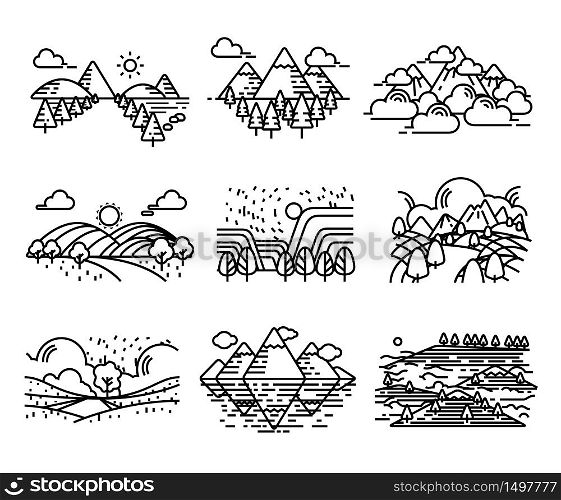 Landscape view vector. Land mountains set. Single line stroke illustration.