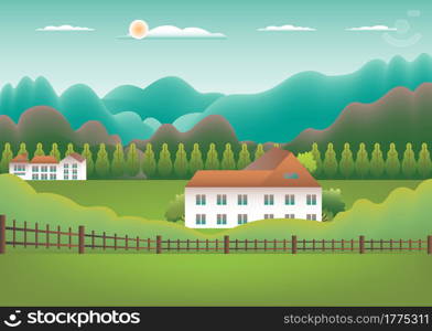 Landscape village, mountains, hills, trees, forest. Rural valley Farm countryside with house, building, fence in flat style design. Green blue gradient colors. Cartoon background vector illustration