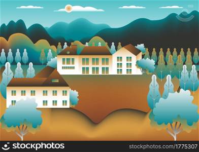 Landscape village, mountains, hills, trees, forest. Rural valley scene Farm countryside with house, building in flat style design. Blue brown gradient colors. Cartoon background vector illustration