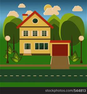 Landscape with a cottage, trees, bushes, a fense, sun and clouds in flat style. Vector illustration