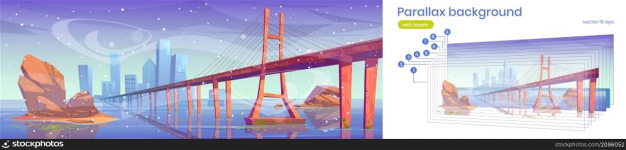 Landscape with bridge above water, city buildings on skyline and snowfall in winter. Vector parallax background for 2d animation with cartoon illustration of lake, town, overpass highway and blizzard. Parallax background with winter lake with bridge