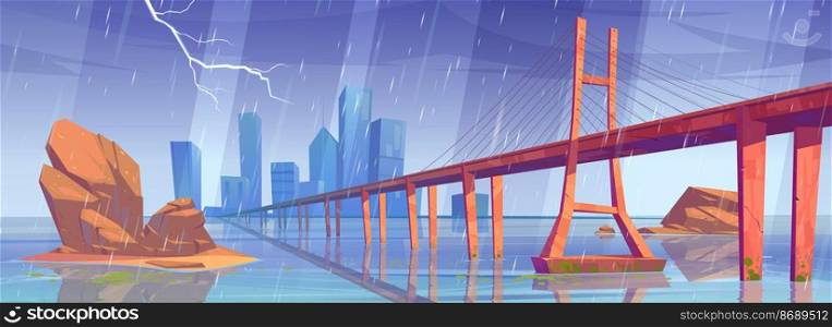 Landscape with bridge above water, stones in water and city buildings on skyline in rain. Vector cartoon illustration of lake with town on horizon, overpass highway and thunderstorm with lightning. City skyline with buildings and bridge in rain