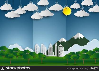 Landscape with building and nature in panorama view,Ecology and environment concept on paper art scene abstract background,vector illustration