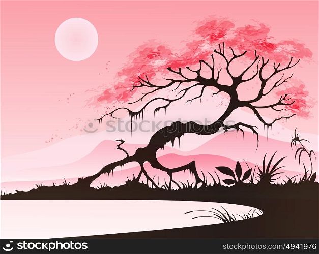 Landscape with cherry blossom and mountains on a pink background