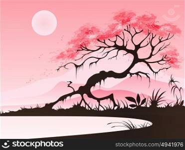 Landscape with cherry blossom and mountains on a pink background