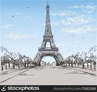Landscape with Eiffel tower in black and white colors on grey background vector hand drawing illustration