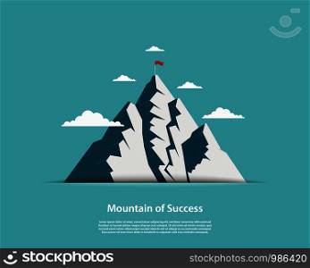 Landscape with flag on the top of mountain. Success concept. Overcoming difficulties. Achievement, Vector flat illustration