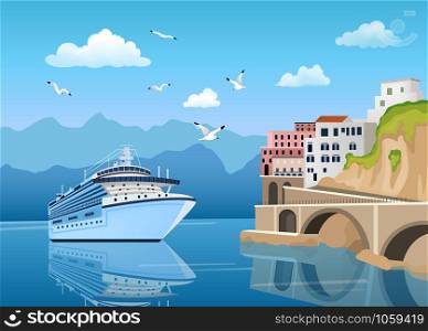 Landscape with Great cruise liner near coast with buildings and houses, tourism and travelling concept, seagulls in clear blue sky, vector illustration. Landscape with Great cruise liner near coast with buildings and houses, tourism