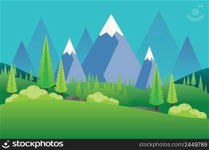 Landscape with green hills and blue mountains illustration.