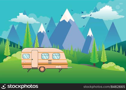 Landscape with green hills, blue mountains and c&ing trailer illustration.