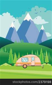 Landscape with green hills, blue mountains and camping trailer illustration.