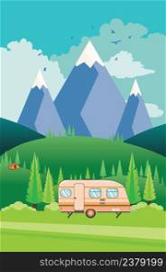 Landscape with green hills, blue mountains and camping trailer illustration.