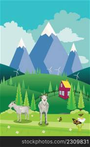 Landscape with green hills, blue mountains and goats illustration.