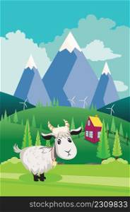 Landscape with green hills, blue mountains and goats illustration.