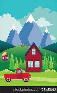Landscape with green hills, blue mountains, house and red pickup truck illustration.