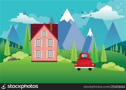 Landscape with green hills, blue mountains, house and red pickup truck illustration.