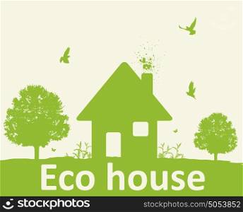 Landscape with green tree, birds and house. Eco-friendly house concept.