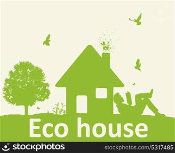 Landscape with green tree, house and man reading a book. Eco-friendly house concept.