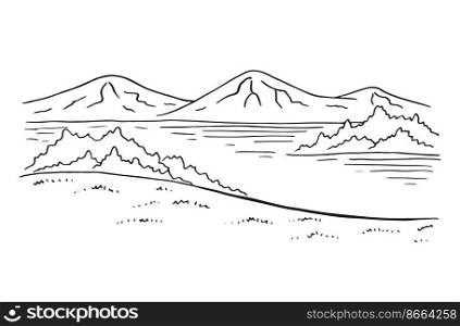 Landscape with lake and mountains. Hand drawn illustration converted to vector.
