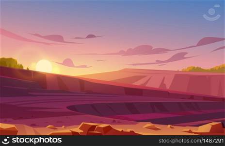 Landscape with mining quarry at sunset. Opencast mine with rubble, sand or marble. Vector cartoon illustration of ore extraction open cast, digging pit in rock, earth or sandstone. Open cast mining quarry at sunset