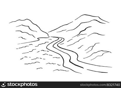 Landscape with mountains and forest. Hand drawn illustration converted to vector.
