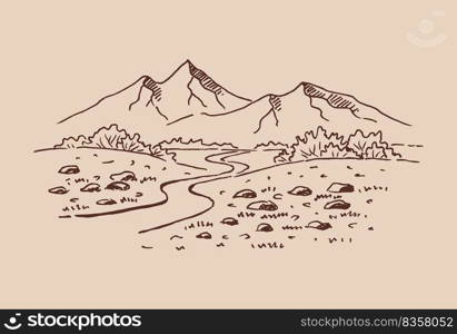 Landscape with mountains and forest. Hand drawn illustration converted to vector.