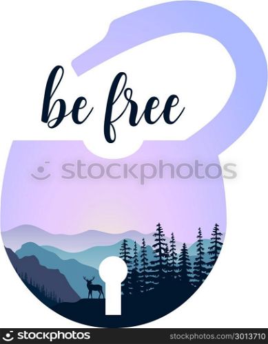 Landscape with mountains, dear, mist and forest at sunrise. Double exposure, panoramic view, lock shape. Landscape with mountains, mist and forest at sunrise. Double exposure, panoramic view, forest background. lock shape. Vector illustration. trees, mist, beam, sunrise Be free message