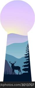Landscape with mountains, dear, mist and forest at sunset . Double exposure, panoramic view, keyhole shape. Landscape with mountains, mist and forest at sunset. Double exposure, panoramic view, forest background and deer silhouette through keyhole shape. Vector illustration. trees, mist, beam, sunrise.