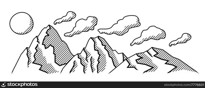 Landscape with mountains, hills and sky. Natural scene illustration. Engraving style.. Landscape with mountains, hills and sky. Natural illustration. Engraving style.