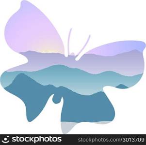 Landscape with mountains, mist and forest at sunrise. Double exposure, panoramic view, butterfly shape. Landscape with mountains, mist and forest at sunrise. Double exposure, panoramic view, butterfly shape, sky background. butterfly shape. Vector illustration. trees, mist beam sunrise