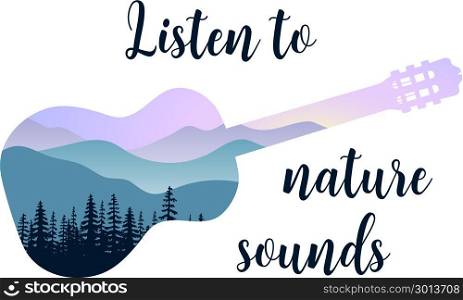 Landscape with mountains, mist and forest at sunrise. Double exposure, panoramic view, forest background. Guitar shape. Vector illustration. trees, mist, beam, sunrise. Listen to nature sounds message. Landscape with mountains, mist and forest at sunrise. Double exposure, panoramic view, Guitar shape