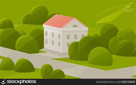 Landscape with nature and architecture. City street with houses and greenery. Area, district with residential building and green spaces. Multi-apartment buildings of different heights in town. Multi-apartment buildings of different heights in town. Landscape with nature and architecture
