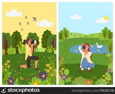 Landscape with pond and swans, forest and woman photographer making shoots on nature. Vector scenic landscape and tourists shooting flowers, summertime. Flat cartoon. Landscape with Pond and Swans, Forest and Woman