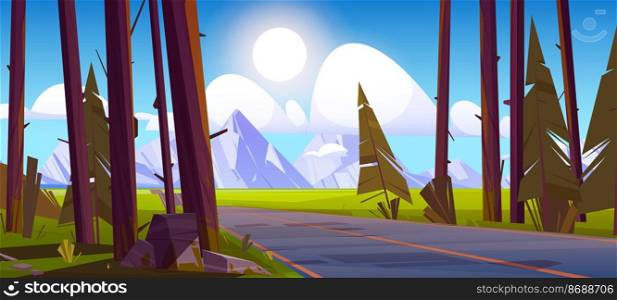 Landscape with road and mountains range. Summer travel or trip through scenery rural or countryside nature. Sstraight highway in conifer forest, adventure and wanderlust Cartoon vector illustration. Landscape with road and mountains, summer travel