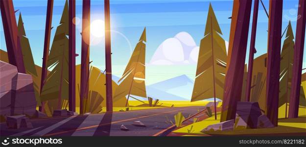Landscape with road through forest and mountains on horizon. Vector cartoon illustration of nature scene with car highway, coniferous trees, stones and mountain valley. Trip and journey concept. Landscape with road through forest and mountains