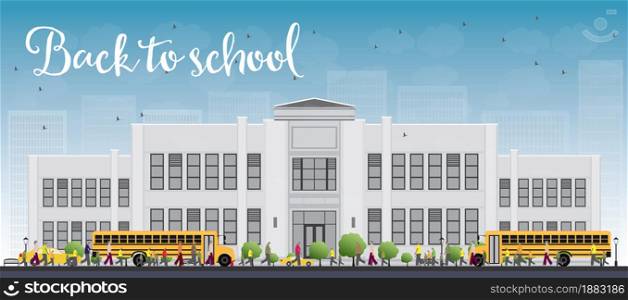 Landscape with school bus, school building and people. Vector illustration