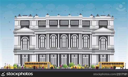 Landscape with school bus, school building and people. Vector illustration. Education concept with part of city life.