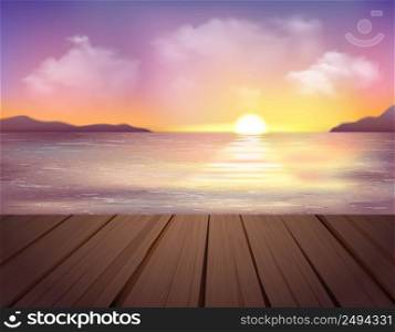 Landscape with sea mountains pier and sunset in colorful sky with clouds cartoon vector illustration. Sunset And Sea Background