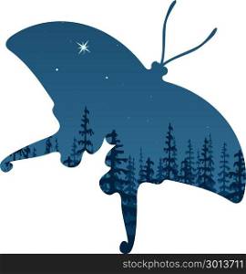 Landscape with silhouette of forest at night through butterfly shape. Double exposure, panoramic view Sky, stars, wood, trees, firs, mist, polar star.. Landscape with silhouette of forest at night through butterfly shape background. Double exposure, panoramic view. Sky, stars, wood, trees, firs, mist, polar star. Shadows Vector illustration
