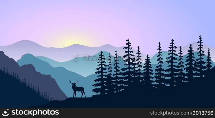 landscape with silhouettes of deer, mountains deer and forest at sunrise. Vector illustration. landscape with silhouettes of mountains, deer and forest at sunrise. Vector illustration. peaks, hills, trees, mist, sun beam with sunrise or sunset sky. For prints, posters, wallpapers, web, background