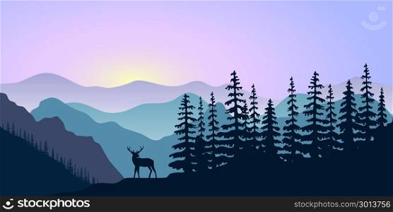 landscape with silhouettes of deer, mountains deer and forest at sunrise. Vector illustration. landscape with silhouettes of mountains, deer and forest at sunrise. Vector illustration. peaks, hills, trees, mist, sun beam with sunrise or sunset sky. For prints, posters, wallpapers, web, background
