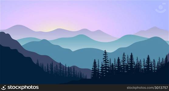 landscape with silhouettes of mountains and forest at sunrise. Vector illustration. landscape with silhouettes of mountains and forest at sunrise. Vector illustration. mountains, hills, trees, mist, sun beam with sunrise or sunset sky. For prints, posters, wallpapers, web, background