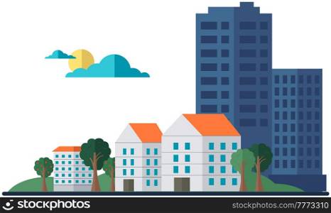 Landscape with skyscrapers and small houses. Modern downtown, business center concept. Green trees in sunny or cloudy weather in town. Changing weather in city. Cityscape with buildings and nature. Landscape with skyscrapers and small houses. Changing weather in city. Cityscape with buildings