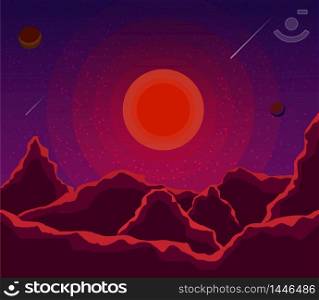 Landscape with sunset, planets and starry sky. Space landscape in shades violet, purple. Nature background. vector eps10. Landscape with sunset, planets and starry sky. Space landscape in shades violet, purple. Nature background. vector