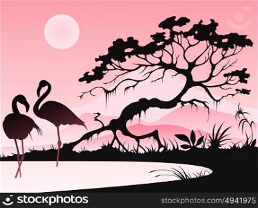 Landscape with two flamingos and tree on a pink background.