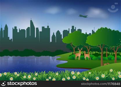Landscape with urban city and nature,concept of eco friendly and save the environment,vector illustration