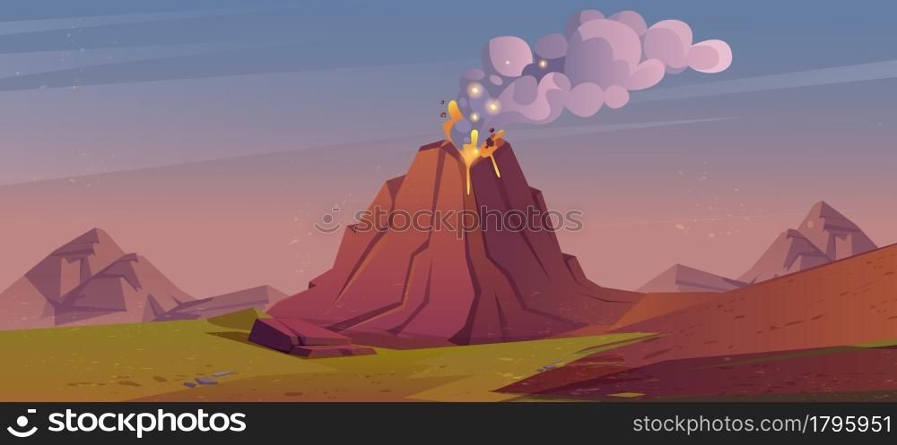 Landscape with volcanic eruption. Vector cartoon illustration with mountains, green grass and volcano erupts with hot lava, fire and clouds of smoke, ash and gases. Volcanic eruption with lava, fire and smoke