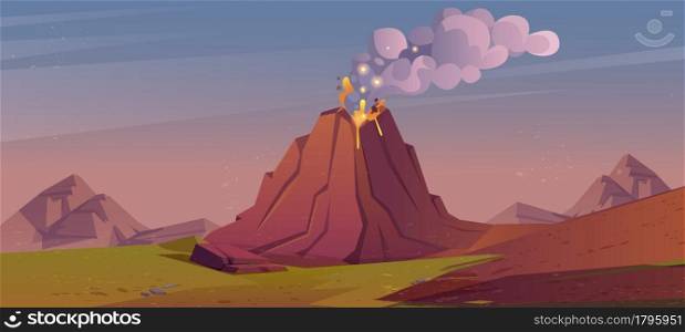 Landscape with volcanic eruption. Vector cartoon illustration with mountains, green grass and volcano erupts with hot lava, fire and clouds of smoke, ash and gases. Volcanic eruption with lava, fire and smoke